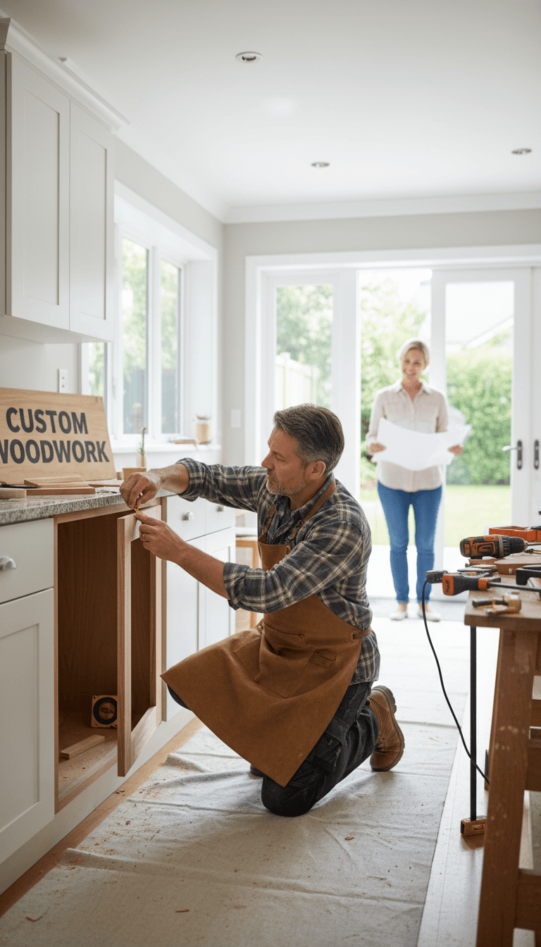 Cabinet maker installing custom cabinetry in home