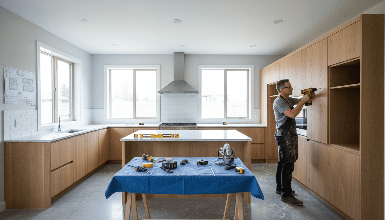 Professional cabinet installation in a modern residential kitchen