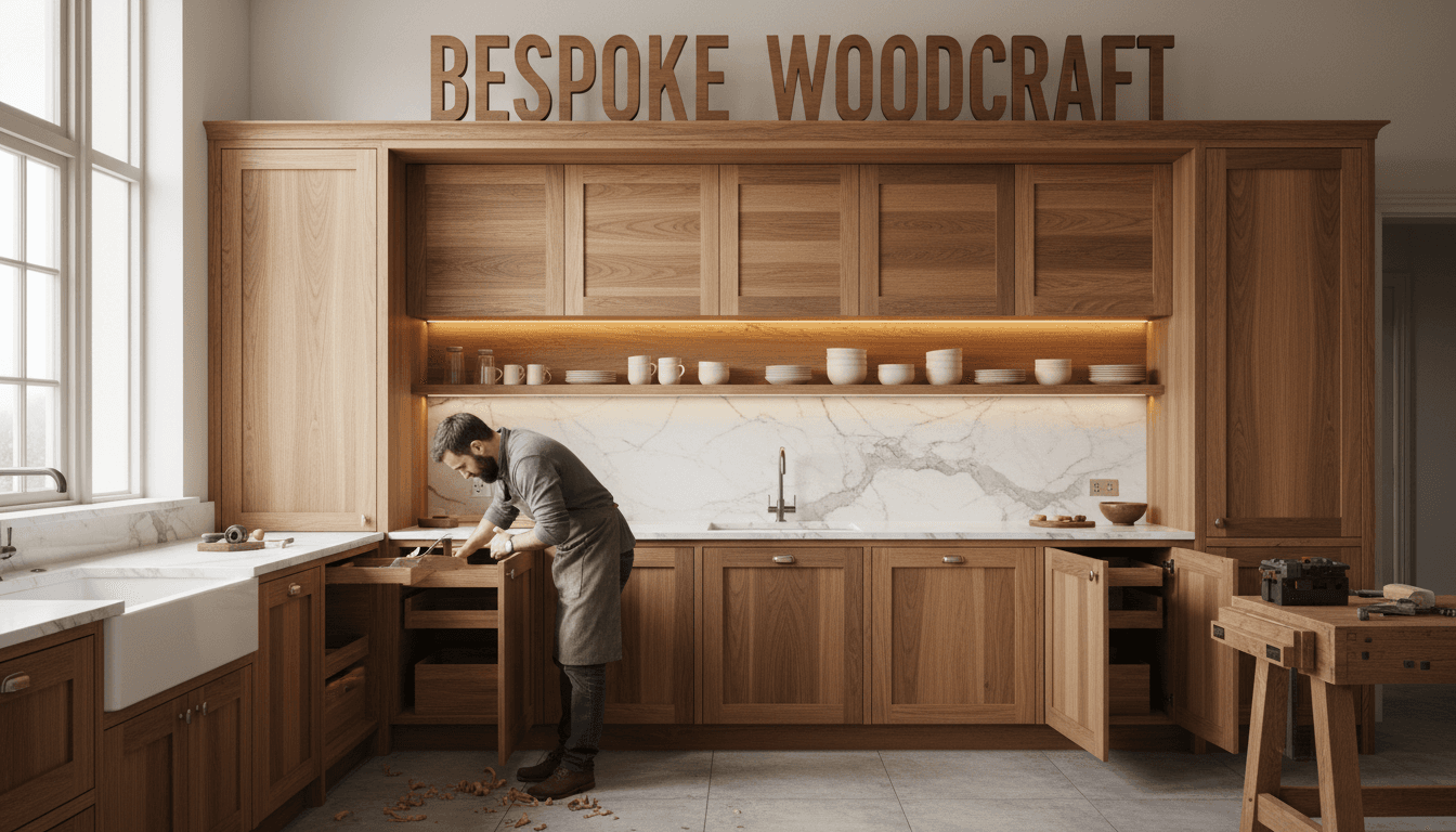 Professional carpenter installing custom cabinetry in a bright residential space